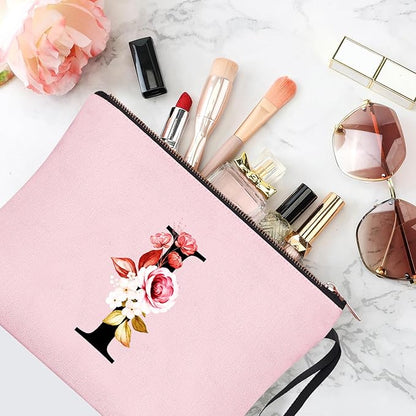 Vavabox A-Z Personalized Makeup Bag, Birthday Gifts for Women Mom, Gifts for Best Friend, Bride Bridesmaid Cosmetic bag (I, Pink)