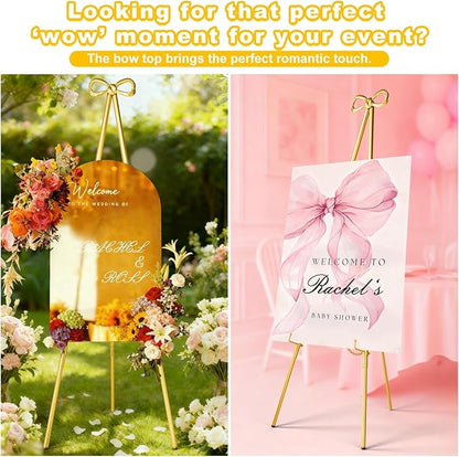 Interchangeable Bow & Star Top Gold Easel Stand for Sign, 62"–47" Height Adjustable Heavy Duty Wedding Easel Stand with 3 Display Modes — Perfect for Welcome Signs, Christmas Decor, Parties & Events
