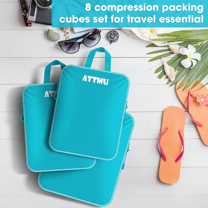 8 Set Compression Packing Cubes for Travel, Expandable Compression Cubes for Suitcases, Lightweight Suitcase Organizer with Shoes & Laundry Bags, Travel Accessories for Men Women