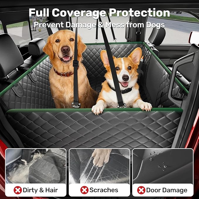 Zanch Heavy-Duty Dog Truck Seat Cover, Flat Solid Back Seat Extender for Multi Large Dogs, Hard-Base Supports 450 lb, Waterproof Hammock Protector, XL for Full-Size Crew Cab Trucks & SUVs, Green