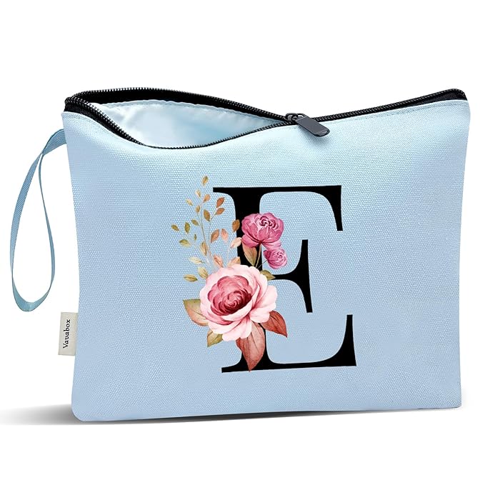 Vavabox A-Z Personalized Makeup Bag, Birthday Gifts for Women Mom, Gifts for Best Friend, Bride Bridesmaid Cosmetic bag (E, Blue)