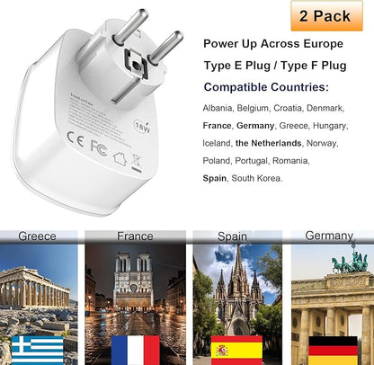2 Packs Type E F France Plug Adapter, VooLerTun Germany Travel Adapter with 4 USB Charger Ports (2 USB C), 1 American Outlet Adapter. US Converter for EU European Travel Essential
