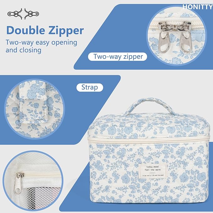 Makeup Bag,Quilted Cosmetic Bags,Large Floral Make Up Bags for Women, Makeup Organize,Flower Travel Toiletry Bag