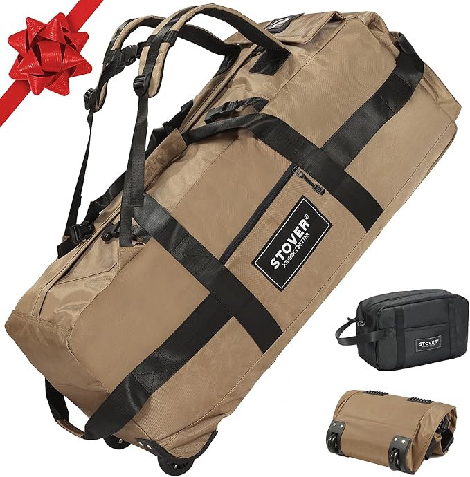 STOVER 80L Rolling Duffel Bag with Wheels, Large Durable Travel Duffle + Toiletry Bag, Heavy Duty, Packable, Foldable with Shoulder Straps- Use as Luggage or Backpack, Men/Women (Tan)