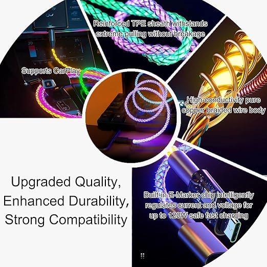 USB Cable PD Fast Charger Lighted Up (USB 3IN1 RGB),Phone Data Cable, Flowing Light Charging Cable, 39-inch (Approx. 1m), High-Transparency Pure Copper Braided Wire.