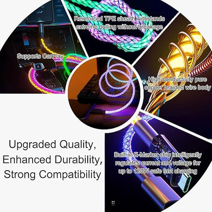 USB Cable PD Fast Charger Lighted Up (USB 3IN1 RGB),Phone Data Cable, Flowing Light Charging Cable, 39-inch (Approx. 1m), High-Transparency Pure Copper Braided Wire.