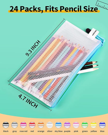 Smarpau 24PCS Pencil Pouches Bulk, 9.3" x 4.7"Mesh Zipper Pouch Pencil Case, 12 Colors Waterproof Small Zipper Pouches for Travel, Cosmetics, Office Organization