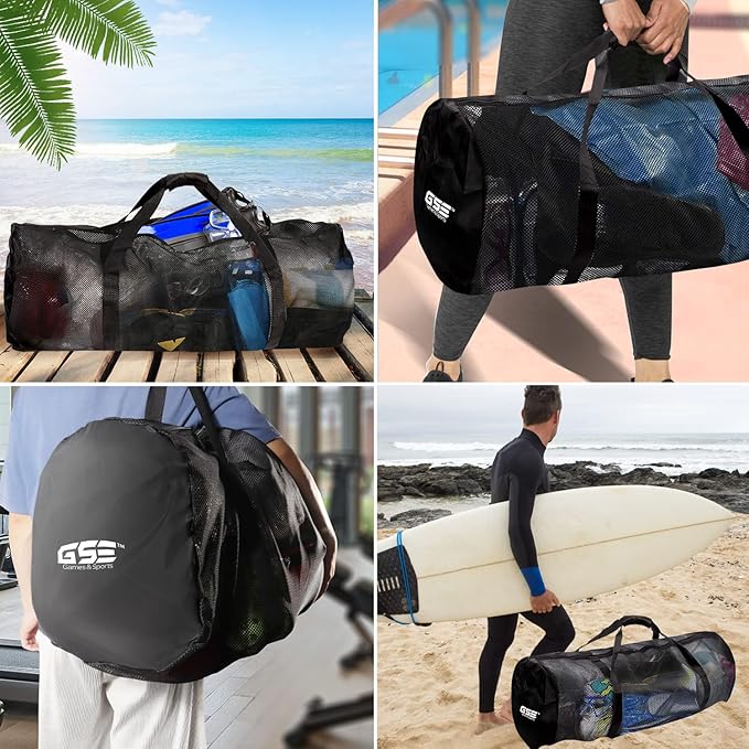 Black Heavy-Duty Large Mesh Sports Duffle Bag, Dry Bag, Diving Equipment Scuba Bag with Zipper. Great for Gym Workout, Sport Balls Storage, Scuba Gear, Snorkeling, Water Sports and Travel