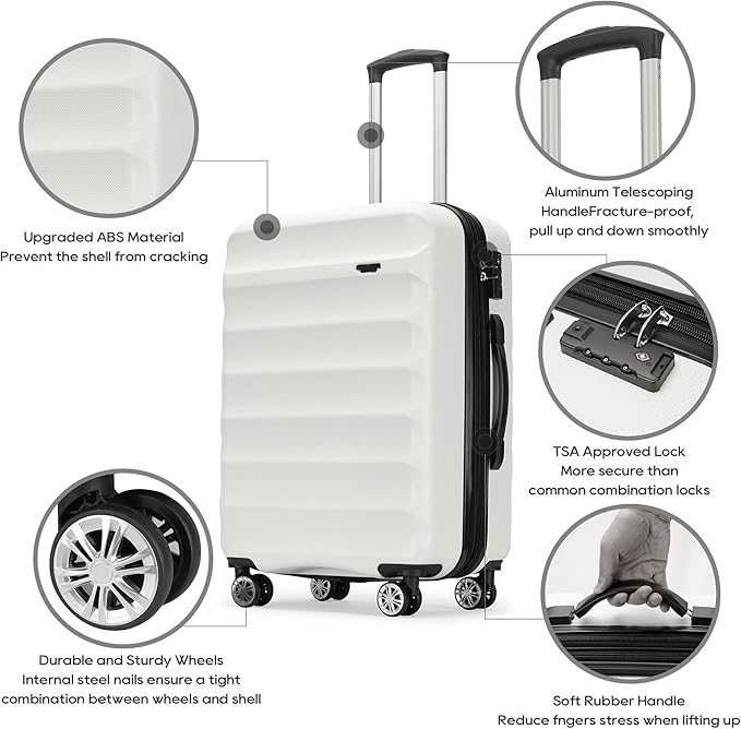 GinzaTravel 3-piece expandable luggage sets with Spinner Wheels， ABS hardshell Suitcase with TSA Lock，Large Luggage for Family Travel & carry on 20/24/28，White color