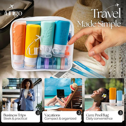 Unigo 30-Pack Full Set Multicolor B Travel Bottles, Refillable Leakproof Travel Shampoo and Conditioner Bottles, Toiletry Containers, Extra Bottle Sleeves (B Set) for Traveling
