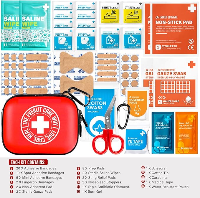 MiniAid First Aid Kit | Compact & Lightweight Case with Carabiners for Travel | Family & Kid Friendly 180 Pcs Wound Care Supplies for School, Work, Outdoor, Home & Office | Pack of 3