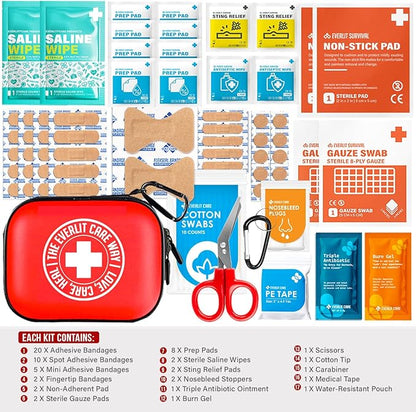 MiniAid First Aid Kit | Compact & Lightweight Case with Carabiners for Travel | Family & Kid Friendly 180 Pcs Wound Care Supplies for School, Work, Outdoor, Home & Office | Pack of 3
