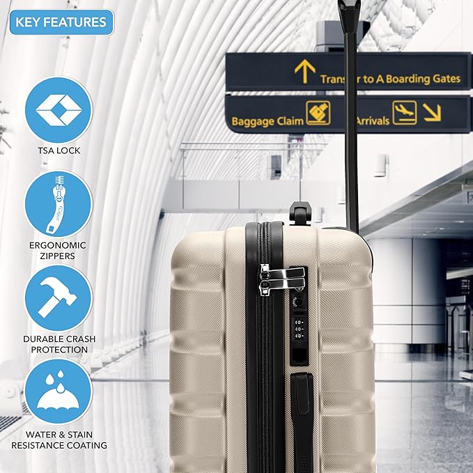 Flight Knight Carry On Suitcase Hardside Built In TSA Lock & USB Port Silent Double Spinner Wheels Maximum Overhead Carry-On Bag For American & United Approved Airlines(22x14x9,Champagne)