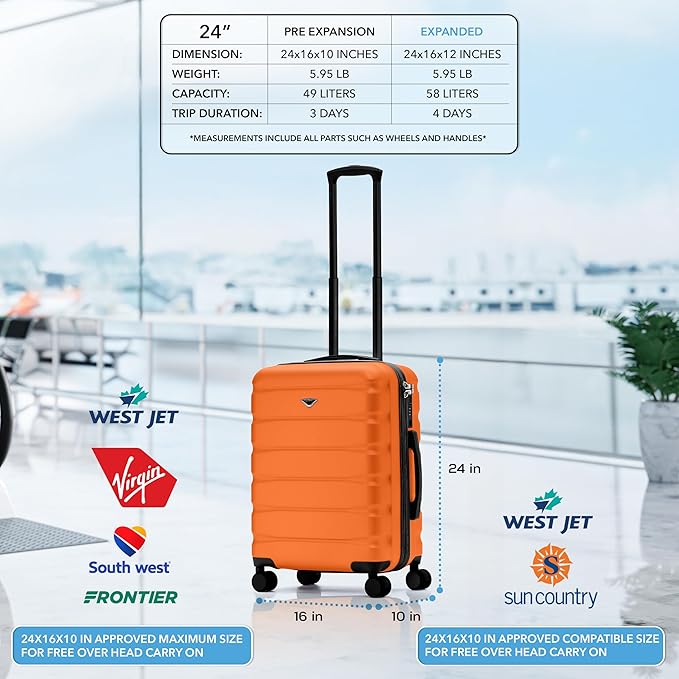 Flight Knight 24x16x10 Expandable Carry On Suitcase Hardside TSA Lock USB C Lightweight Luggage Silent Double Spinner Wheels Maximum Overhead Carry-On Bag For Virgin & South West Approved Airlines