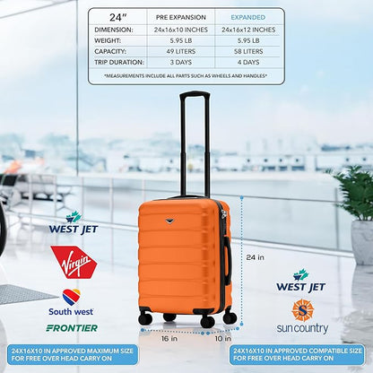 Flight Knight 24x16x10 Expandable Carry On Suitcase Hardside TSA Lock USB C Lightweight Luggage Silent Double Spinner Wheels Maximum Overhead Carry-On Bag For Virgin & South West Approved Airlines