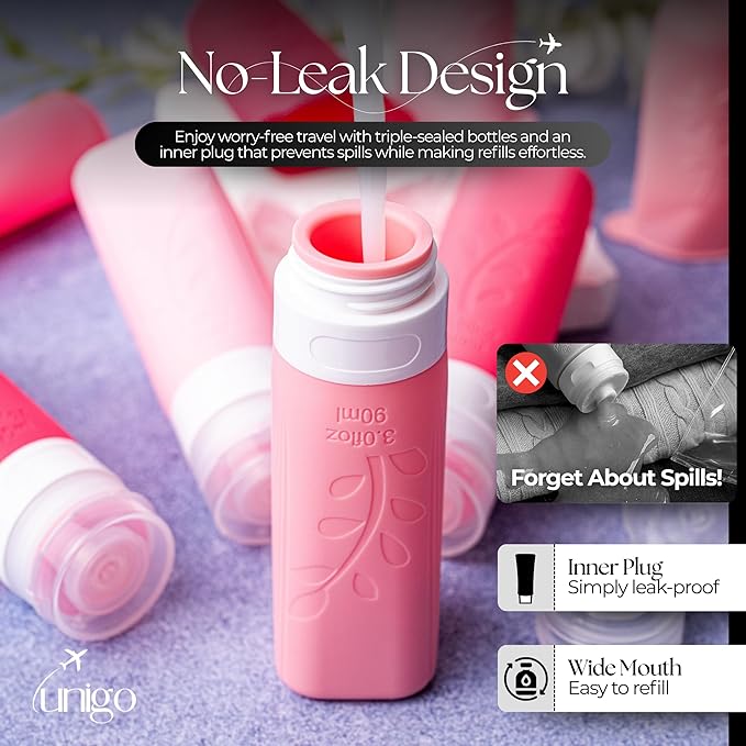 unigo Travel Bottles For Toiletries, 3.oz TSA Approved Containers, Travel Size Toiletries, Shampoo and Conditioner Bottles, Leak Proof and Refillable Bottles, BPA Free, Extra Bottle Covers (Pink)