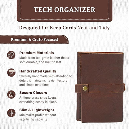 ROGUE WALLET Handcrafted Genuine Leather Tech Organizer - Spacious Phone Cord Organizer, Wide Storage Pockets - Durable & Easy to Maintain Cable Storage Bag for Everyday Use (Brown)