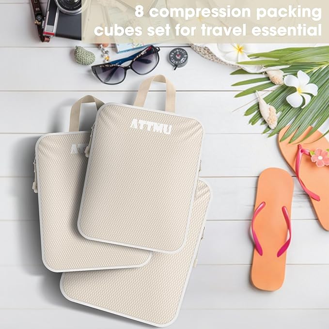 8 Set Compression Packing Cubes for Travel, Expandable Compression Cubes for Suitcases, Lightweight Suitcase Organizer with Shoes & Laundry Bags, Travel Accessories for Men Women