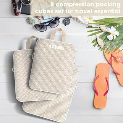 8 Set Compression Packing Cubes for Travel, Expandable Compression Cubes for Suitcases, Lightweight Suitcase Organizer with Shoes & Laundry Bags, Travel Accessories for Men Women