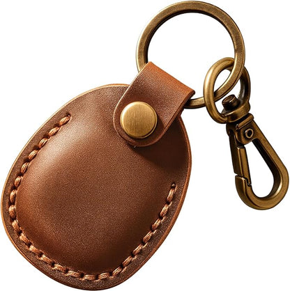 Genuine Leather Airtag Holder, Portable Handcraft Leather Air Tag Keychain with Keyring and Screwdriver, Full Coverage Air Tag Protective Case Cover Accessories - Brown