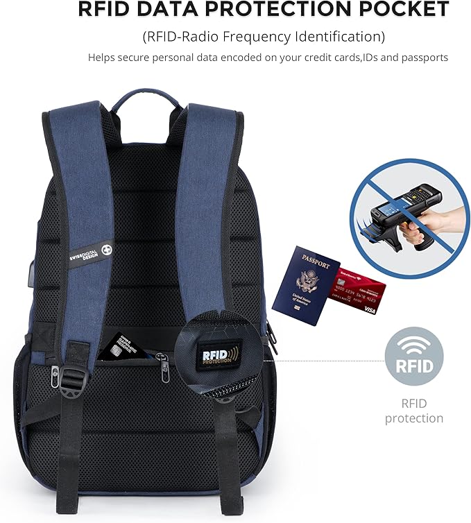 Swissdigital Design College 17 inch Laptop Backpack, Slim Business Travel Laptop Backpack With USB Charging Port For Women & Men Laptop Dark Blue (BIBERSTEIN SD1636-12)