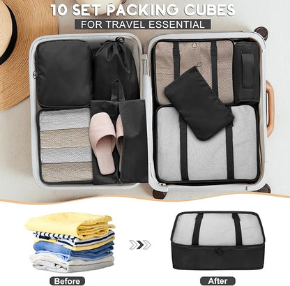 10 Set Packing Cubes for Travel, Travel Organizer with Hanging Toiletry Bag and Shoe Bag, Luggage Organizer Bags for Travel Essentials Women Men