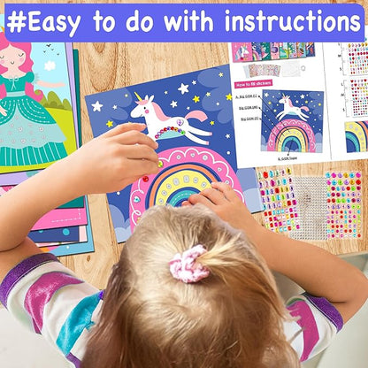 EZCRA Easy Arts and Crafts for Kids - Fun Gem Sticker Kit - 8 Unicorn Princess Themes, 990+ Stickers - Gem Art for Kids - Diamond Art Kits - Gifts for Girls Ages 3-8