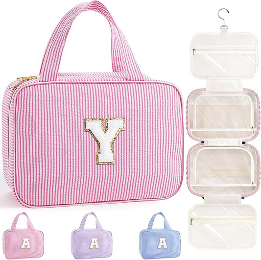 TOPEAST Travel Toiletry Bag for Women - Hanging Toiletry Bag Makeup Bag, Portable Toiletries Travel Bag and Cosmetic Bag Essentials - Letter Y, Pink