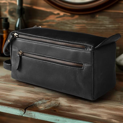LEATHER VILLAGE Premium Leather Travel Toiletry Bag - Water-Resistant Dopp Kit for Toiletries, Large Shaving Bag & Bathroom Organizer - Gift for Men & Women - Distressed Black