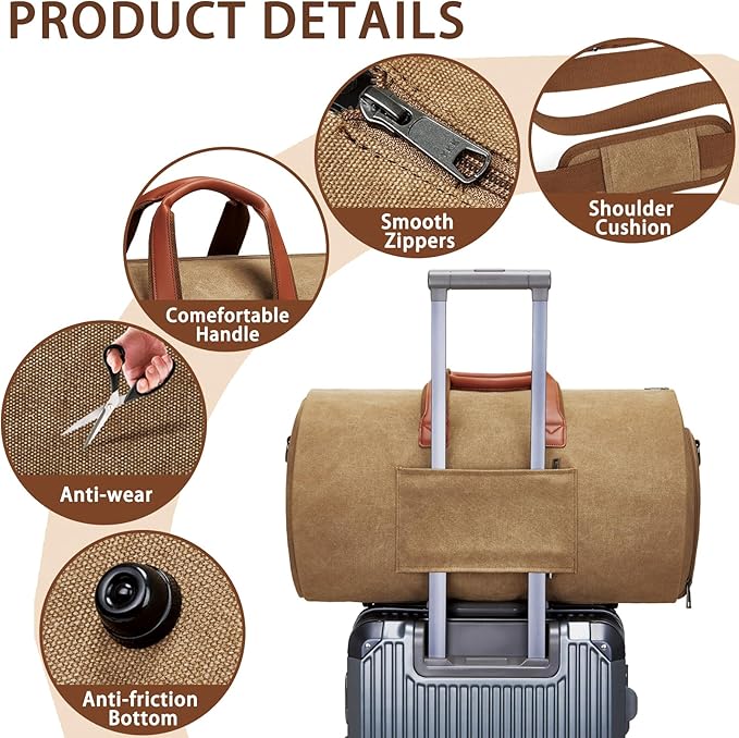Convertible Garment Duffel Bag, Carry on Garment Bag for Travel Canvas Mens Suit Bag 2 in 1 Foldable Garment Bag with Shoulder Strap Weekender Bag with Shoe Pouch