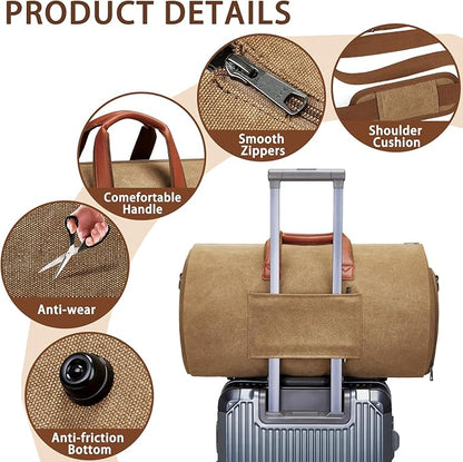 Convertible Garment Duffel Bag, Carry on Garment Bag for Travel Canvas Mens Suit Bag 2 in 1 Foldable Garment Bag with Shoulder Strap Weekender Bag with Shoe Pouch