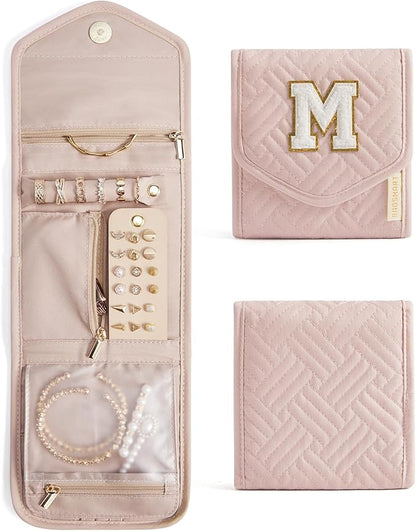 BAGSMART Travel Jewelry Organizer Case M Initial Foldable Jewelry Roll for Journey Rings, Necklaces, Earrings, Bracelets,Mini,Letter M,Soft Pink