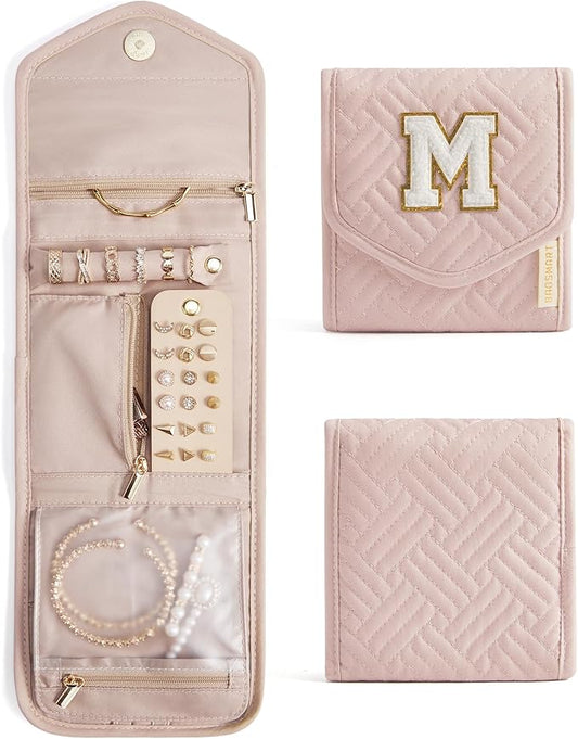 BAGSMART Travel Jewelry Organizer Case M Initial Foldable Jewelry Roll for Journey Rings, Necklaces, Earrings, Bracelets,Mini,Letter M,Soft Pink