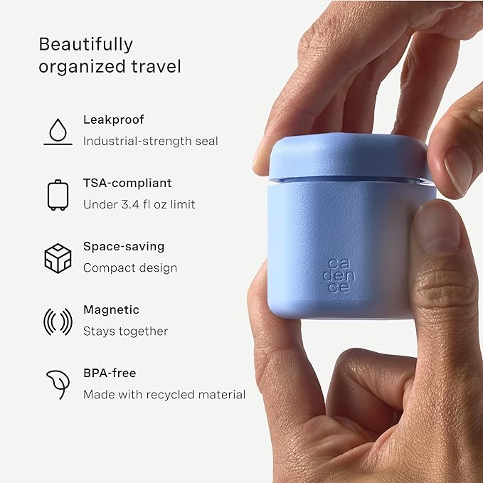 Cadence Travel Containers - 2 Piece Body Care Capsule Set - Magnetic Containers w/ Lids - Carry On Travel Essentials for Women/Men - 1 Small & 1 Medium Capsule - Body Wash & Lotion Labels - Pacific