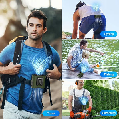 PANERGY 10000mAh Portable Waist Clip Fan, 40H Cooling Personal Wearable Fan, 5 Speeds 16000RPM Strong Belt Fan, Rechargeable Hands-free Neck Fan With Flashlight for Outdoor Jobsite Camping Traveling