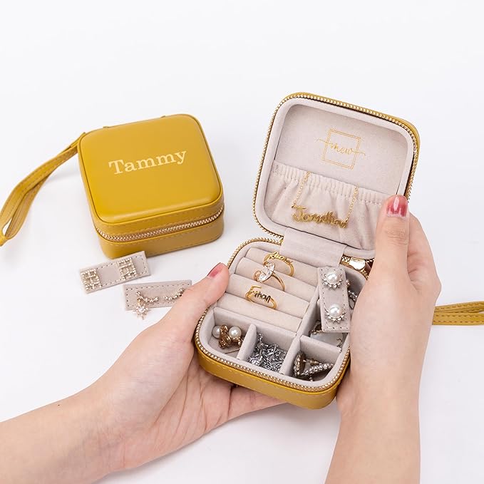 Angelina's Palace Personalized Jewelry Case with Name Engraved,Custom Leather Travel Jewelry Organizer Box for Rings,Earrings,Necklaces,Birthday Bridesmaid Gift For Women