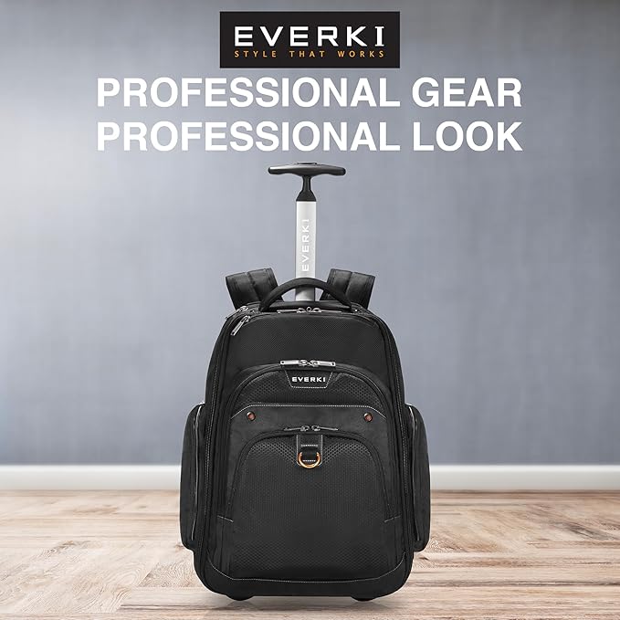 EVERKI Atlas 30L Wheeled Laptop Backpack – Carry-On Travel Backpack for Women & Men – Fits 13 to 17.3-Inch Laptops with Adjustable Compartment – Rolling Backpack for Travel – Black (EKP122)