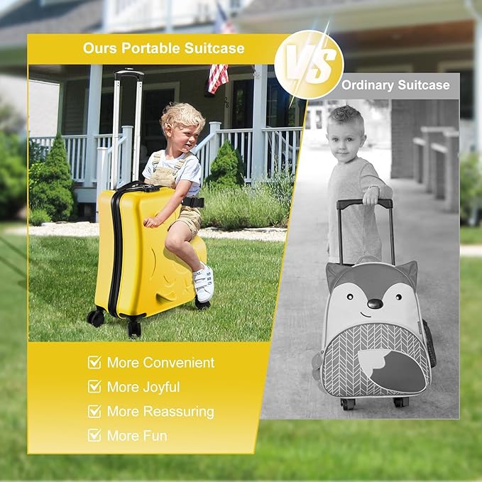 24 Inch Ride On Kids Suitcase with Wheels, Ride on Luggage with Pedal, Hardshell Kids Suitcase Adjustable Safe Harness, ABS+PC, Up To 100 Lbs, Yellow