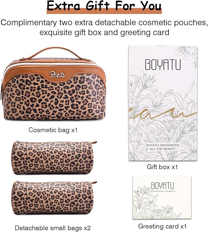 BOYATU Travel Makeup Bag for Women: 3 Pcs Set Portable Make up Bags with Handle - Leopard Print Cosmetic Bags with Comparments - Waterproof Vegan Leather Toiletry Bag (01-A-Brown)
