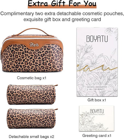 BOYATU Travel Makeup Bag for Women: 3 Pcs Set Portable Make up Bags with Handle - Leopard Print Cosmetic Bags with Comparments - Waterproof Vegan Leather Toiletry Bag (01-A-Brown)