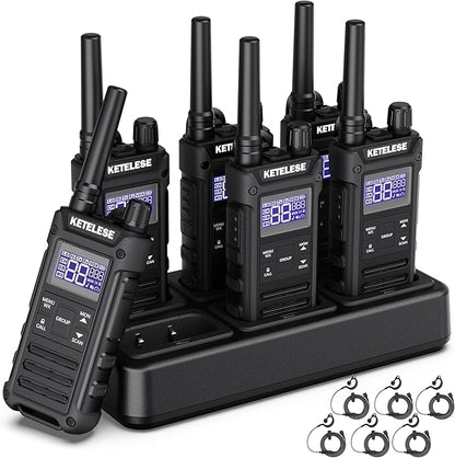 KETELESE T3G Heavy Duty Walkie Talkies Type-C Rechargeable, IP67 Waterproof 2 Way Radios with Earpiece, Adapter, Dock, PTT Group, NOAA, VOX, 6 Pack Walkie Talkie for Adult Black/Grey