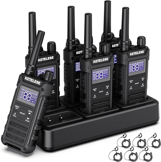 KETELESE T3G Heavy Duty Walkie Talkies Type-C Rechargeable, IP67 Waterproof 2 Way Radios with Earpiece, Adapter, Dock, PTT Group, NOAA, VOX, 6 Pack Walkie Talkie for Adult Black/Grey