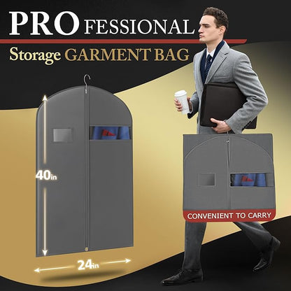 10 Pack 40-inch Suit Bag Garment Bag for Travel and Storage, Garment Bags for Hanging Clothes with Zipper and Visible Transparent Window, Gray
