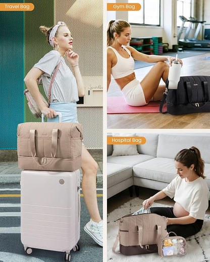 LOVEVOOK Travel Duffle Bag,Puffer Weekender Bags For Women with Shoe Compartment,42L Carry On Duffel Bags For Airplanes,Hospital Bag for Labor and Delivery,Overnight Bag With Toiltry Bag,2Pcs Set