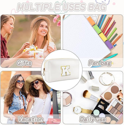 Gifts for Girls Initial Makeup Bag Personalized Cosmetic Bag with Zipper Cute Travel Toiletry Bags Waterproof PU Preppy Makeup Pouch Birthday Gift for Teen Girls Women(White K)