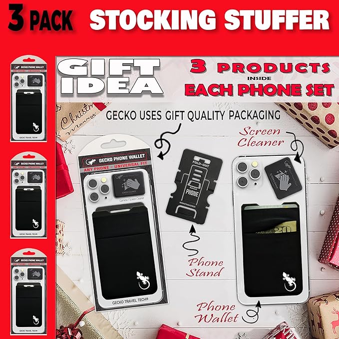 Gecko Travel Tech Double Pocket - Adhesive Card Holder - Cell Phone Pouch - Stick on Spandex Pocket - Carry Credit Cards and Cash (3 PACK - BLACK WHITE)