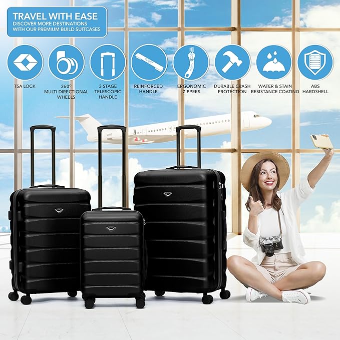 Flight Knight Luggage Sets TSA Lock Silent Double Spinner Wheels Suitcase With Case Maximum Carry On Bag Size For American & United Approved Airlines(3 Piece Set (22/27/31"),Black)