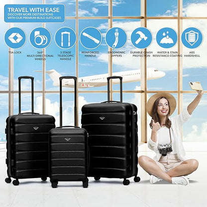 Flight Knight Luggage Sets TSA Lock Silent Double Spinner Wheels Suitcase With Case Maximum Carry On Bag Size For American & United Approved Airlines(3 Piece Set (22/27/31"),Black)