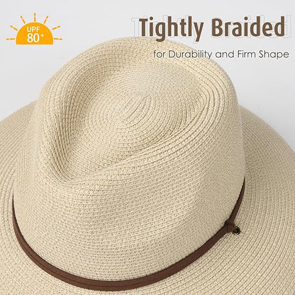 FURTALK Womens Summer Straw Sun Hats Wide Brim Panama Fedora Beach Hat with Wind Lanyard UPF 80+