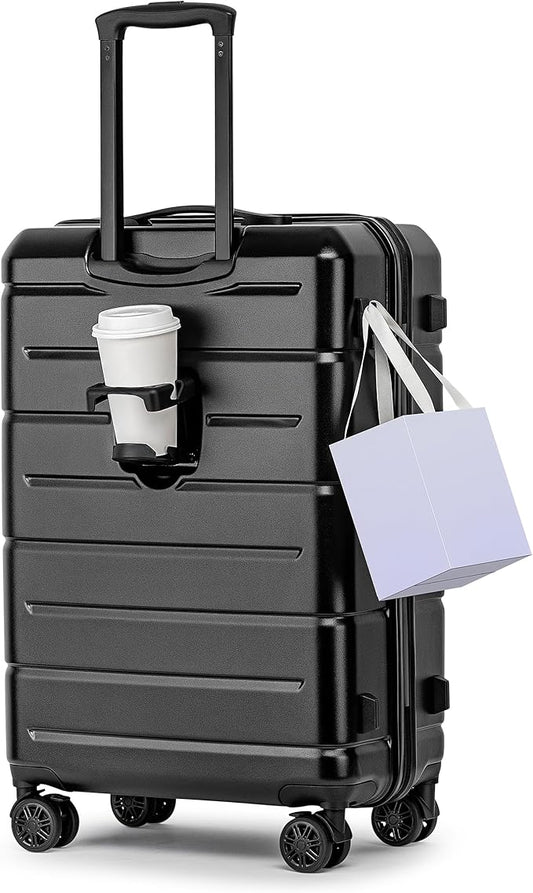 KYME 26 Inch Luggage TSA Approved Hardshell Suitcases with Spinner Wheels Durable Medium Travel Checked Luggage with Cup Holder for Women Men Black